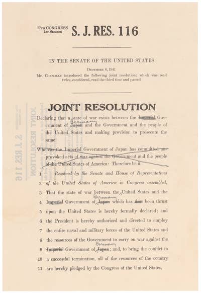 <em>The first draft of S.J. RES. 119, declaration of war on Germany, used S.J. RES. 116, declaration of war on Japan and replaced "Japan" with "Germany" (U.S. Senate)</em>