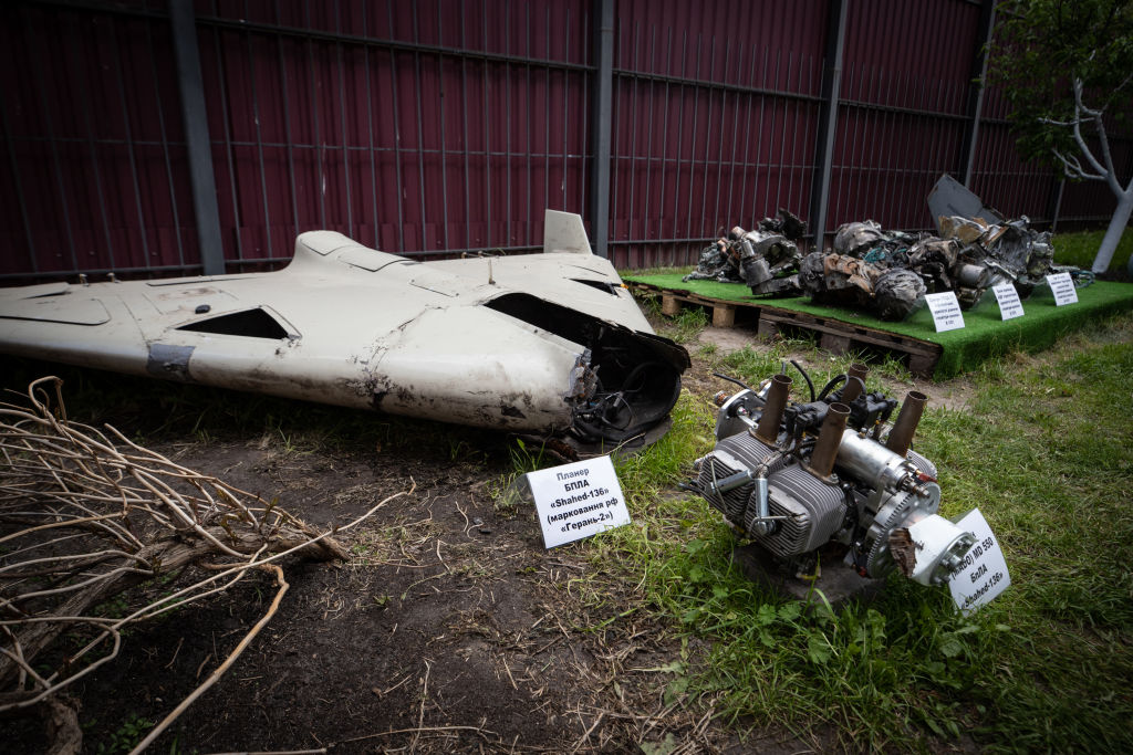 KYIV, UKRAINE – MAY 12: Remain of Shahed 136 at an exhibition showing remains of missiles and drones that Russia used to attack Kyiv on May 12, 2023 in Kyiv,  Ukraine. (Photo by Oleksii Samsonov /Global Images Ukraine via Getty Images)