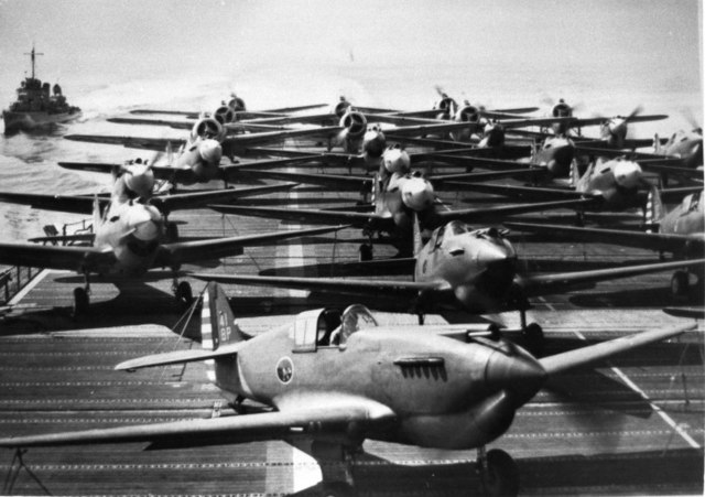 P-40Bs of 33rd Pursuit Squadron, 8th Pursuit Group aboard USS Wasp, October 1940. Taken from the Ray Wagner Collection. Pubic Domain.