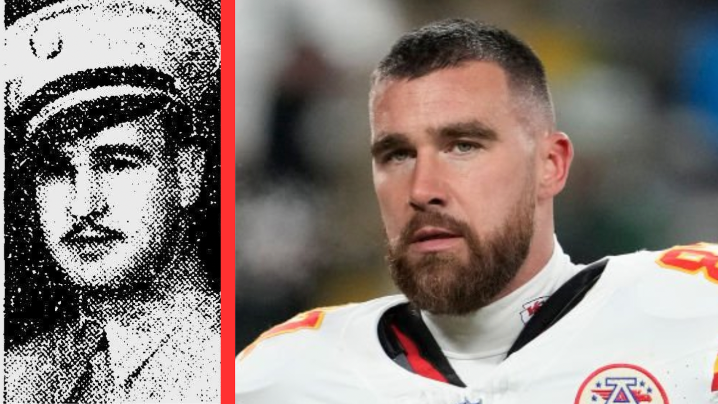 Left: Sgt. Willis Kelce; Right: Travis Kelce #87 of the Kansas City Chiefs looks on before the game against the Green Bay Packers at Lambeau Field on December 03, 2023 in Green Bay, Wisconsin. (Photo by Patrick McDermott/Getty Images)