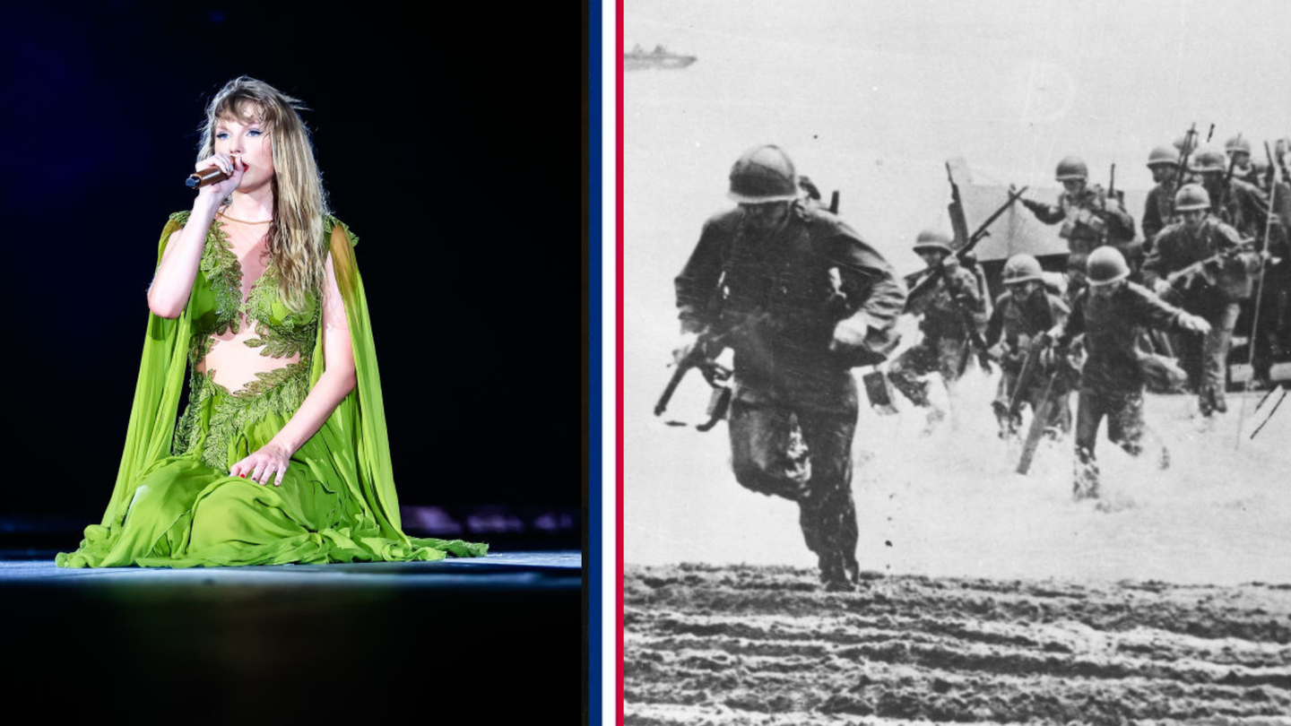 A photo of Taylor Swift performing and a photo of Marines storming a beach during WWII