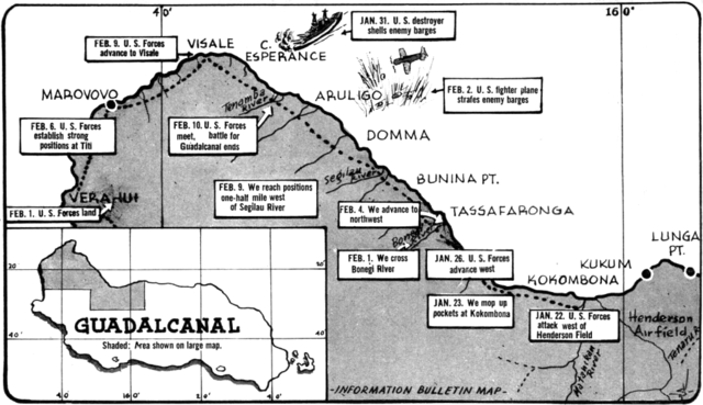 Contemporary map showing the final actions of the Battle of Guadalcanal, 22 January to 10 February 1943. US NAVY/Public Domain