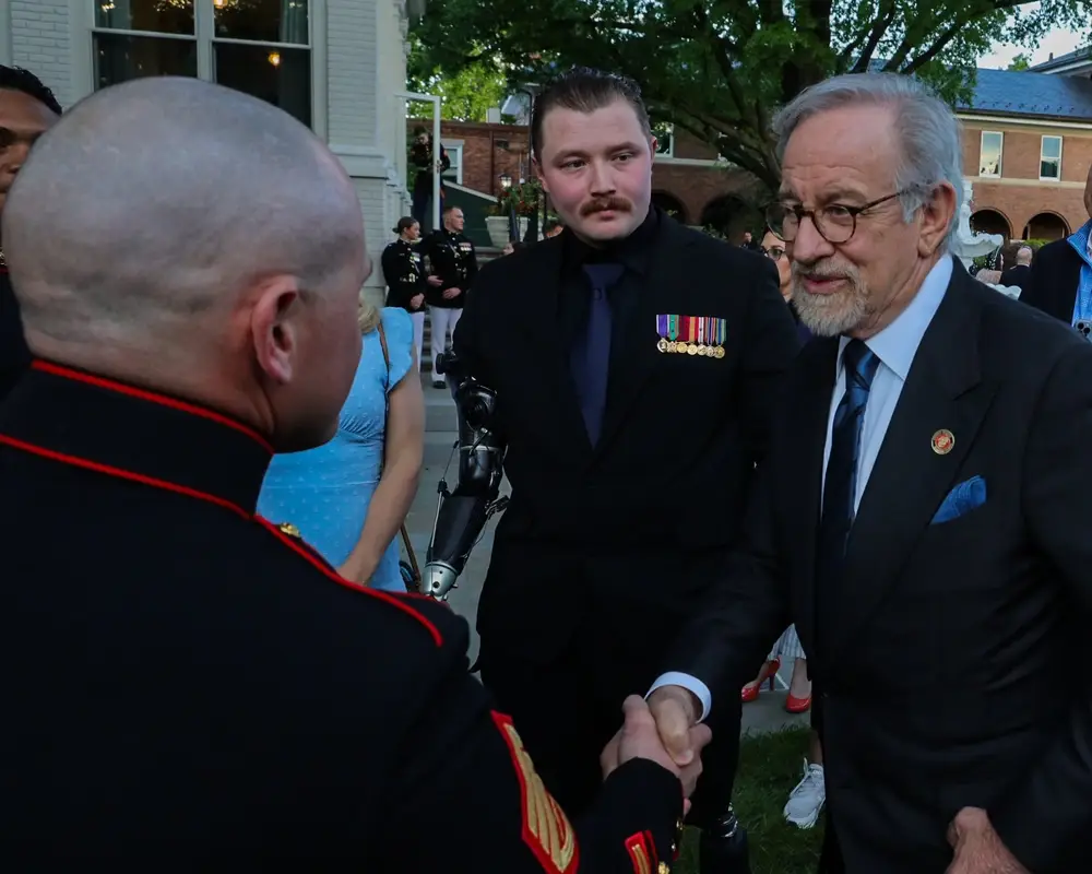 Steven A. Speilberg, American filmmaker, director and producer, greets Marines with the Barracks before a Friday Evening Parade at Marine Barracks Washington D.C., May 5, 2023. The hosting official for the evening was Gen. David H. Berger, Commandant of the Marine Corps, and Mr. Steven A. Spielberg, American Filmmaker, Director, and Producer, was the guest of honor. (U.S. Marine Corps photo by LCpl. Pranav Ramakrishna)