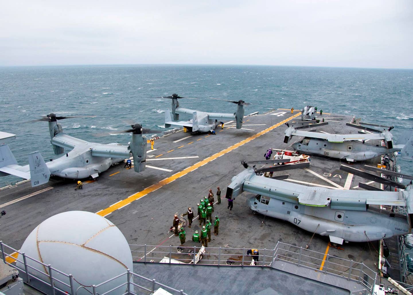 <em>Ospreys assigned to VMM-162 embarked aboard amphibious assault ship USS </em>Nassau<em> (LHA-4) (U.S. Navy)</em>