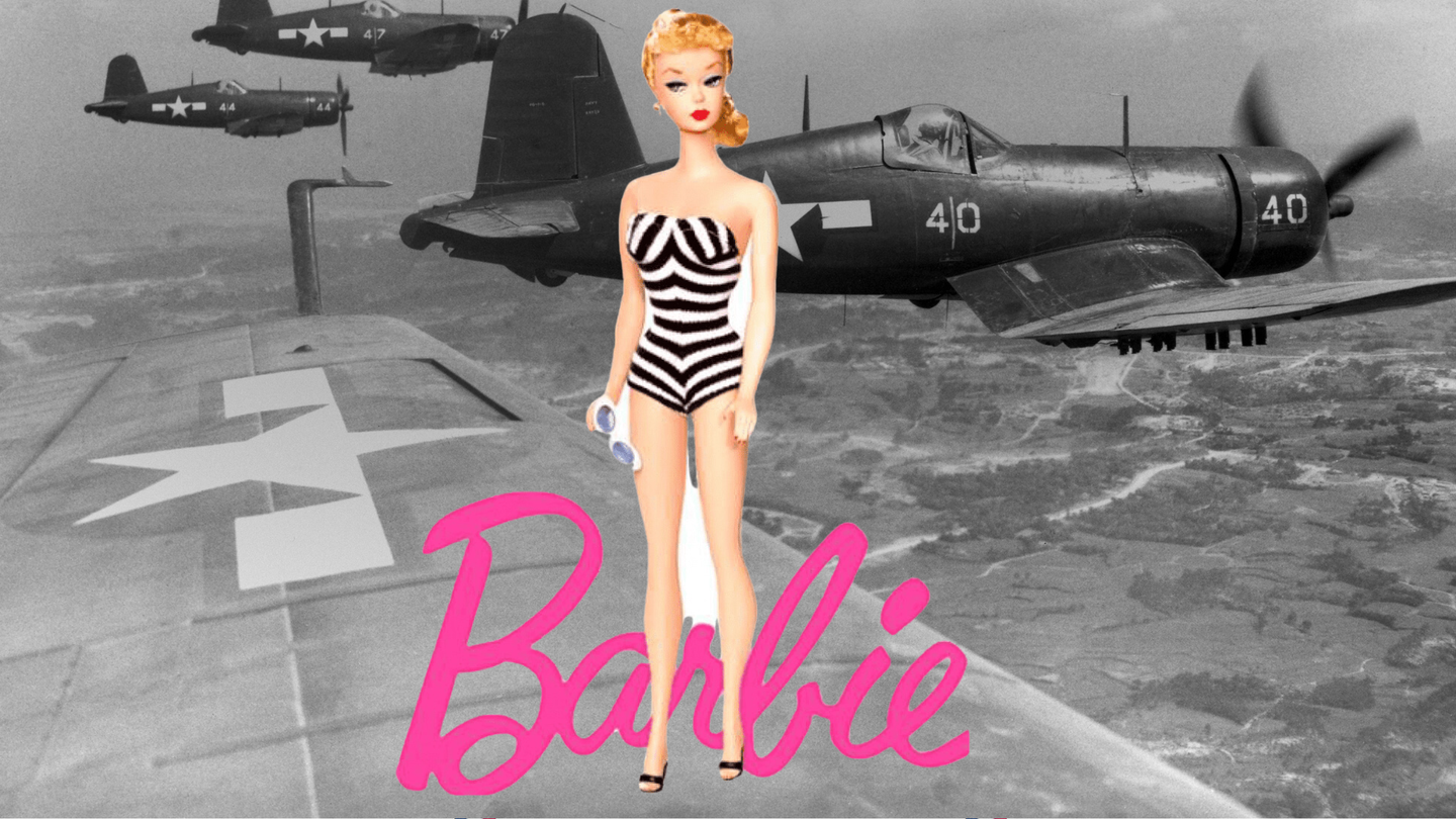 barbie in front of a WWII plane