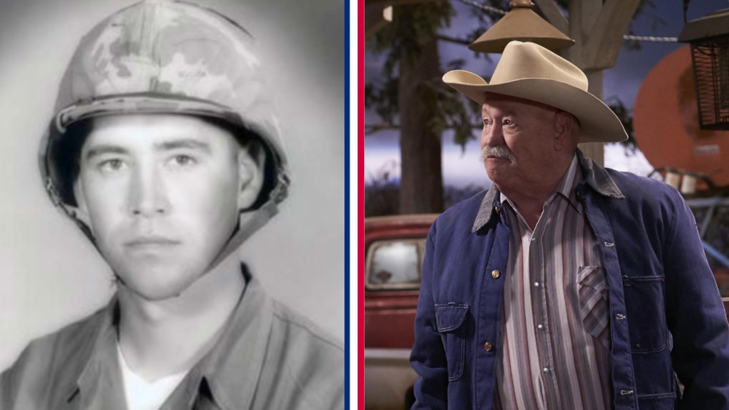 Side-by-side pictures of Barry Corbin, on left as a Marine, on right, acting in a film wearing a cowboy hat.
