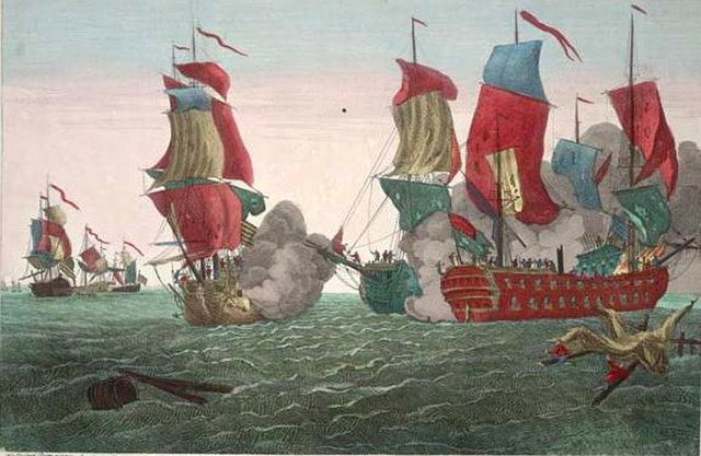 Engraving of the famous sea-battle involving John Paul Jones based on the painting "Action Between the Serapis and Bonhomme Richard" by Richard Paton. Wikimedia Commons.