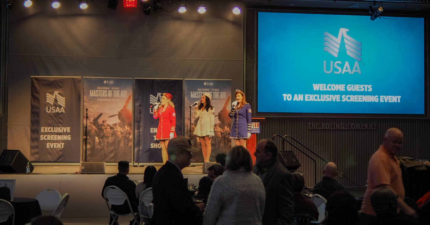 The Victory Belles perform at a <em>Masters of the Air</em> special screening event hosted by USAA at the World War II Museum in New Orleans, January 19, 2024. Photo: Matt VanEck for We Are The Mighty