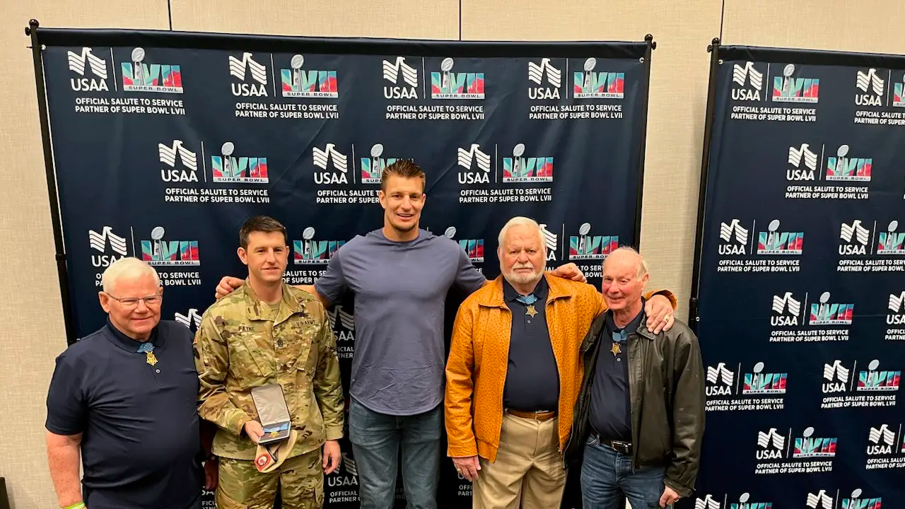 At USAA's Salute to Service Lounge in 2023, Rob "Gronk" Gronkowski welcomed Medal of Honor recipients. Photo: Tessa Robinson/We Are The Mighty