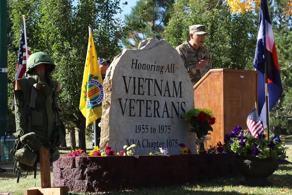 4th Infantry Division and Fort Carson Command Sgt. Maj. Alex Kupratty, honors all Vietnam Veterans during a speech at the Vietnam Veterans Dedication Ceremony on Fort Carson, Colo., Oct. 16, 2023. This ceremony paid homage to all Vietnam Veterans, not only those who never made it back home, but also to their comrades across the country who are alive today. (U.S. Army photo by Pvt. Cecilia Ochoa)