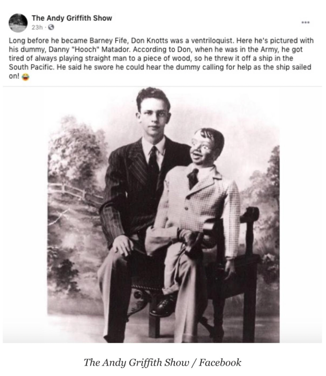 A Facebook post shows Don Knotts sitting with his dummy, Danny, on his knee