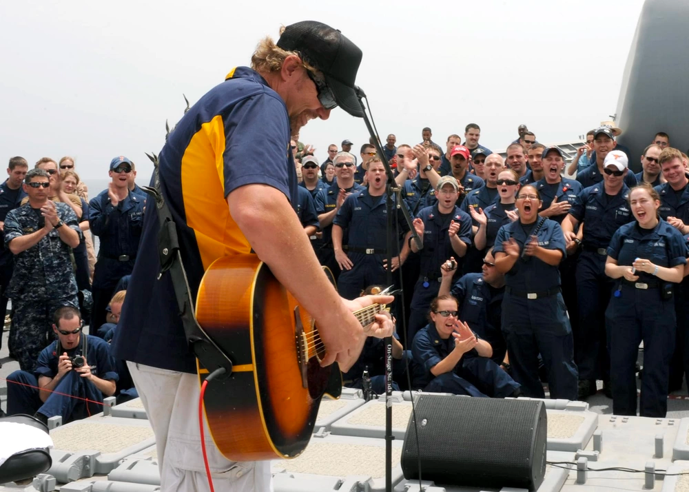 Country music entertainer Toby Keith performs an Easter USO concert aboard the guided-missile cruiser USS Leyte Gulf April 24, 2011. Leyte Gulf is conducting maritime security operations in the U.S. 5th Fleet area of responsibility. (U.S. Navy photo by Petty Officer 3rd Class Robert Guerra)
