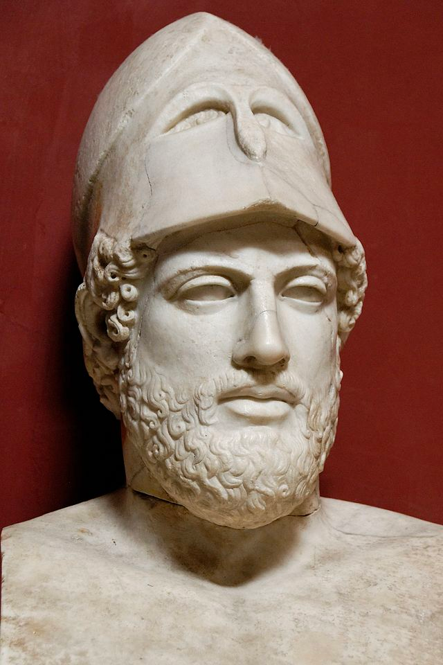 Bust of Pericles bearing the inscription “Pericles, son of Xanthippus, Athenian”. Marble, Roman copy after a Greek original from ca. 430 BC. Wikimedia Commons.