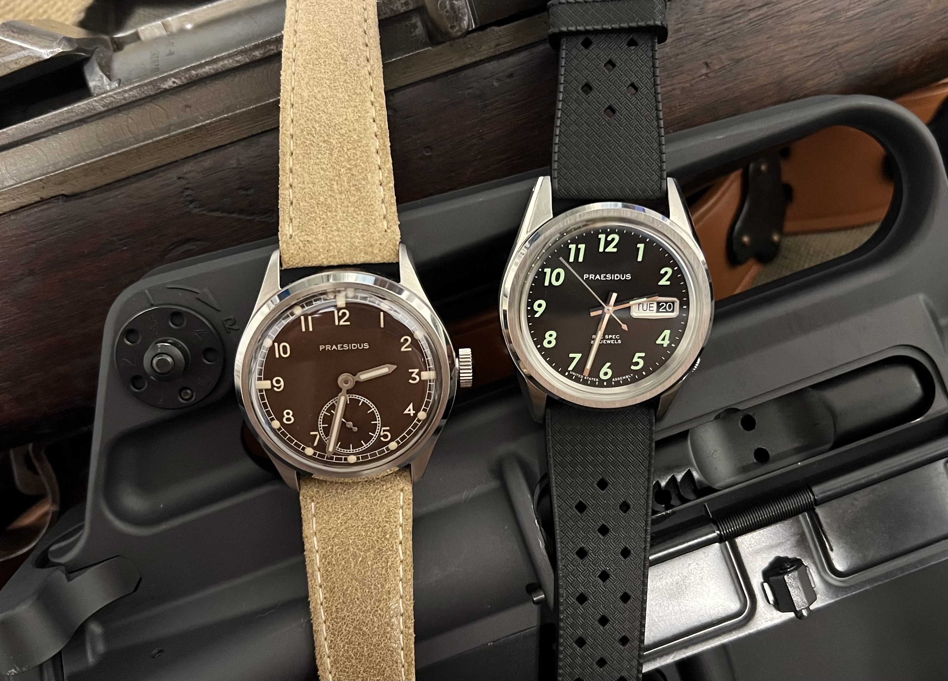 <em>The DD-45 embodies the WWII era of wood, steel, and leather whereas the Rec Spec highlights the advancement to polymers, aluminum, and rubber (WATM/Miguel Ortiz)</em>
