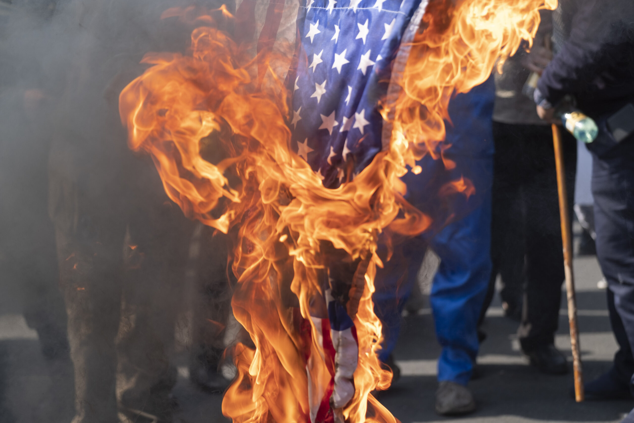 Those $%*#@# guys. Why can't we all unite around this common enemy instead of fighting each other politically at home? <em>Iranian protesters burn the U.S. flag during an anti-Israel rally protesting the Israeli air strike on Al-Ahli hospital, in northern Tehran, October 20, 2023. Israel's military denied responsibility for the Gaza hospital attack, attributing it to a failed rocket launch by the Palestinian Islamic Jihad group. MORTEZA NIKOUBAZL/NurPhoto (Photo by Morteza Nikoubazl/NurPhoto via Getty Images)</em>