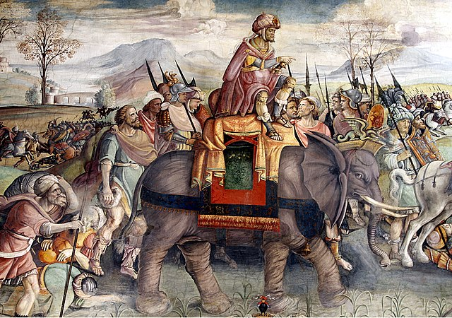 Hannibal Crossing the Alps; detail from a fresco by Jacopo Ripanda, ca 1510, Palazzo dei Conservatori (Capitoline Museum), Rome. Wikimedia Commons/Public Domain.