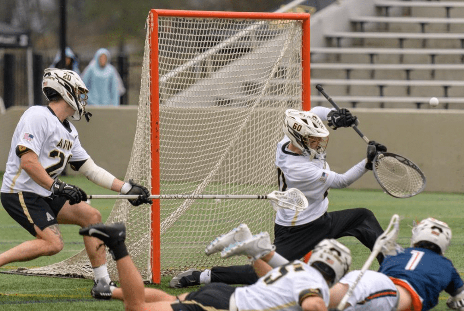 The Army West Point men's lacrosse team hosted Bucknell on April 1 and earned a 12-7 victory at Michie Stadium. Matt Chess in goal. West Point/Photo by&nbsp;Mark Wellman