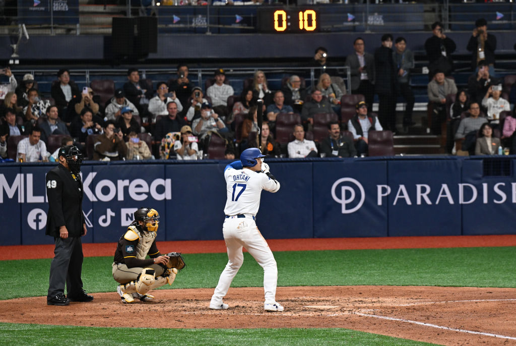 SEOUL, SOUTH KOREA - MARCH 21: Shohei Ohtani #17 of Los Angeles Dodgers  at bat during the 2024 Seoul Series game between Los Angeles Dodgers and San Diego Padres at Gocheok Sky Dome on March 21, 2024 in Seoul, South Korea. (Photo by Gene Wang/Getty Images)
