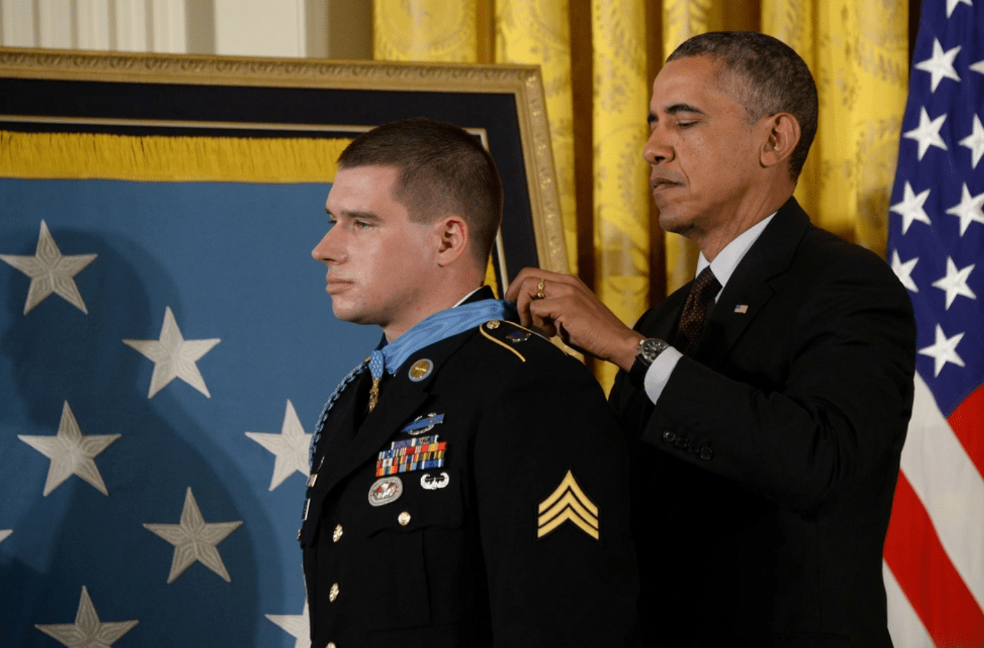 President Barack Obama presents the Medal of Honor to former U.S. Army Sgt. Kyle White at the White House in Washington, May 13, 2014. White was recognized for his actions during his deployment to Afghanistan in 2007 while serving with Chosen Company, 2nd Battalion (Airborne), 503rd Infantry Regiment, 173rd Airborne Brigade. (U.S. Army Photo by Sgt. Laura Buchta/Released)
