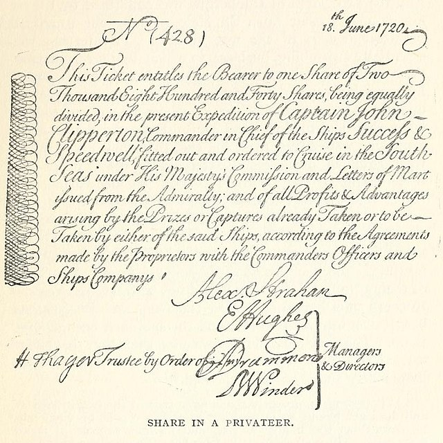 Privateering wasn't a novel concept by the colonists. This deed allows its owner to share in a privateer. Public Domain.