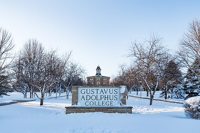 Gustavas Adolphus College in the snow