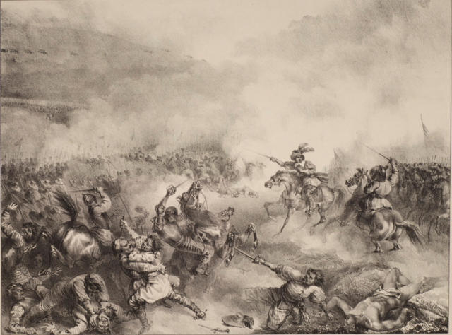 A paiting depicting the Battle of Breitenfeld with soldiers on horses fighting with swords.