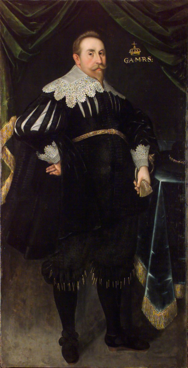 <a href="https://en.wikipedia.org/wiki/en:Gustavus_Adolphus">Gustavus Adolphus of Sweden</a>, oil on canvas. Wikimedia Commons.