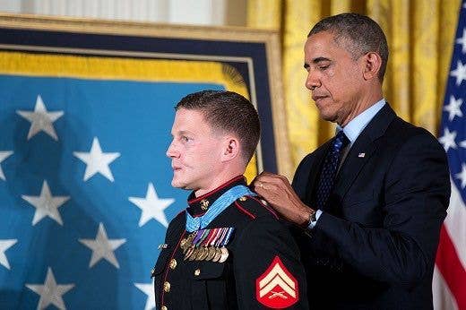 Cpl Kyle Carpenter receiving the Medal of Honor. Photo: The White House