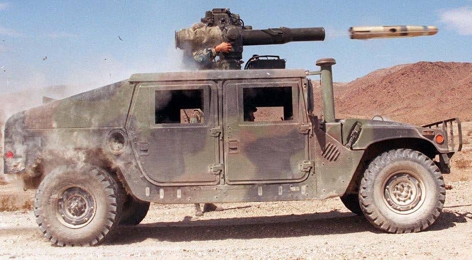 A HMMWV now can have active protection against RPGs, and still dish out punishment like this TOW missile. (Photo via Wikimedia)