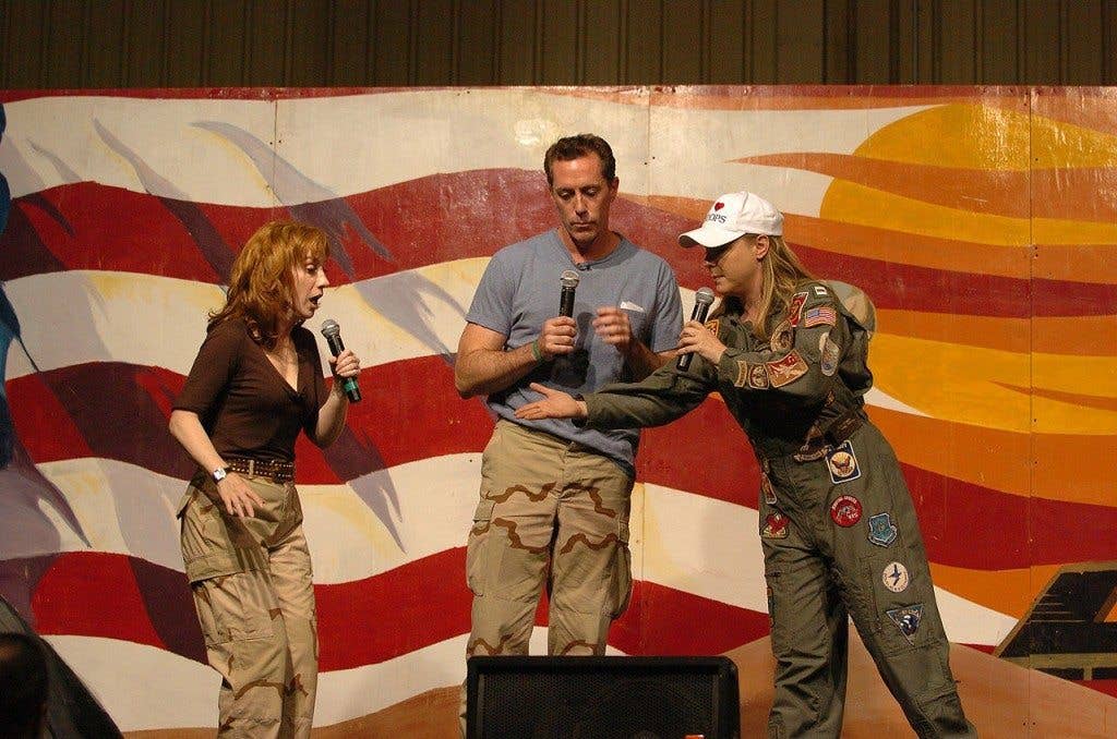 Kathy Griffin, Michael McDonald and Karri Turner perform an improv skit for soldiers and airmen in Tikrit, Iraq, March 17, 2006.
