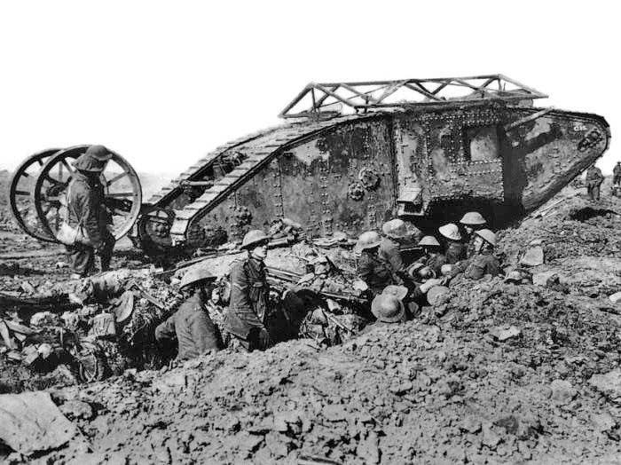 A British tank straddles a trench in 1916. Significantly wider trenches could stop tanks. Photo: Imperial War Museums