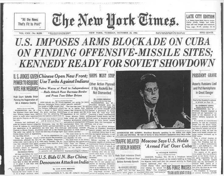 Frontpage above the fold of The New York Times, Oct. 23, 1962.