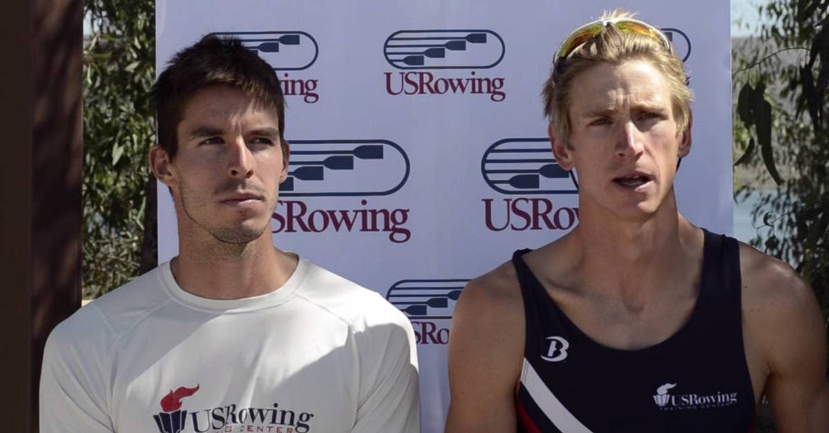 Navy officer Edward King, right, speaks to reporters with his pairs partner on the U.S. Rowing Team, Robin Prendes. Prendes also competed on the Lightweight Men's Four Team for Team USA. (Image: YouTube/US Rowing)