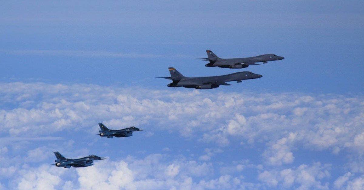 Two US Air Force B-1B strategic bombers from Andersen Air Force Base, Guam, conducted training with fighter aircraft from the Japan Air Self Defense Force and a low-level flight with fighter aircraft from the Republic of Korea. Photo by US Forces Korea