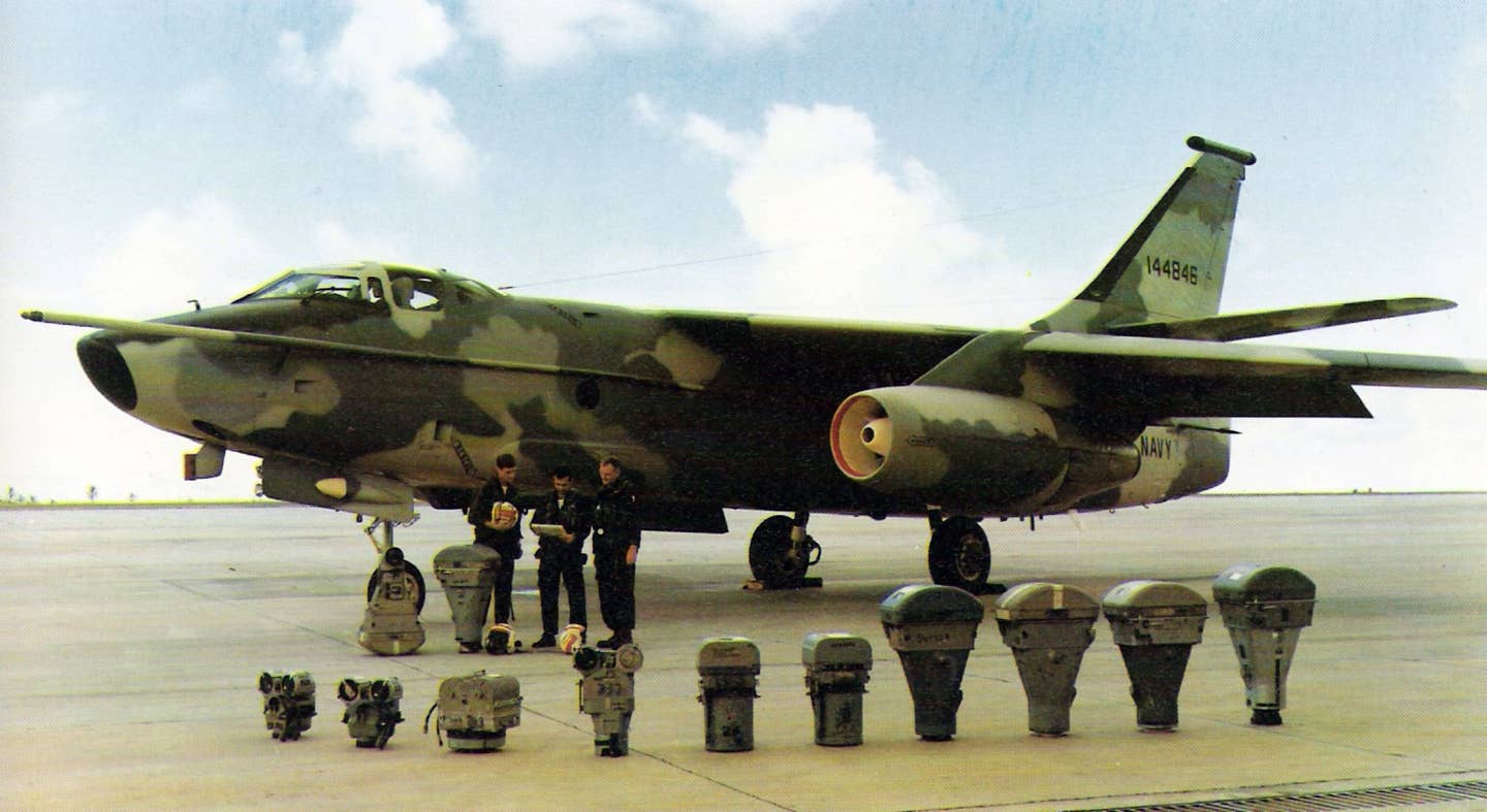 The RA-3B Skywarrior decked out in camouflage and displaying its various reconnaissance package options. (Photo from Wikimedia Commons)