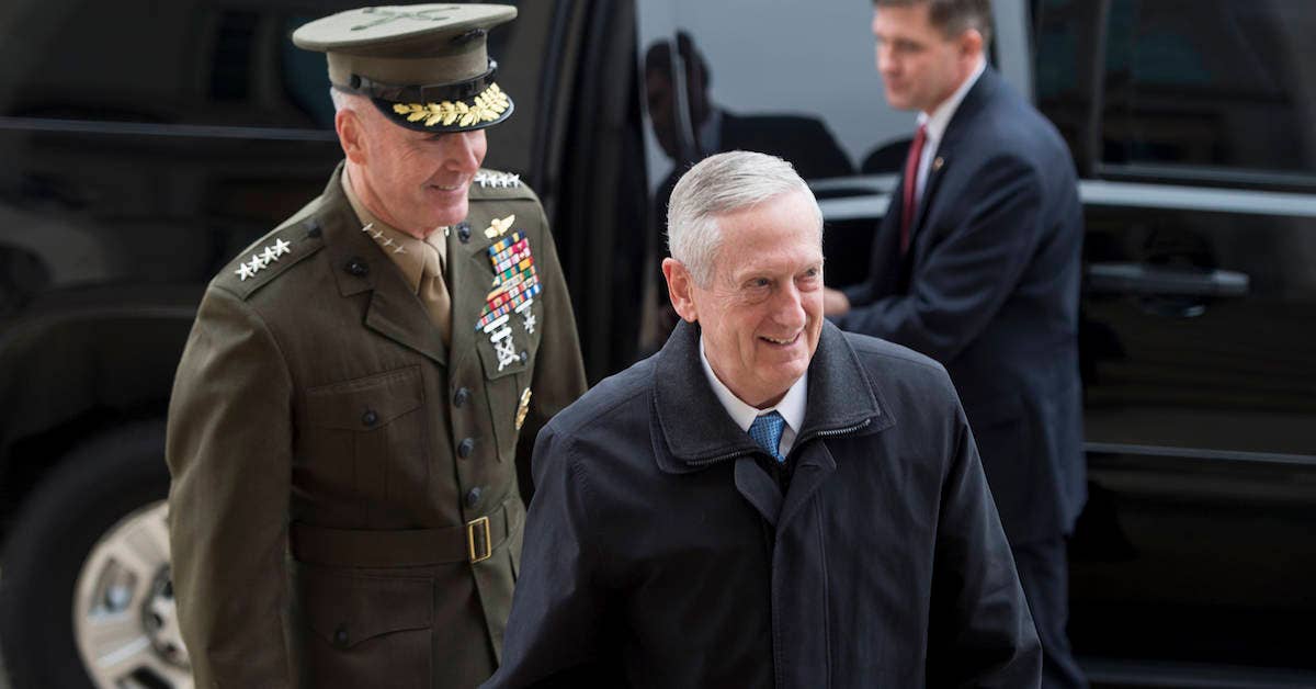 Secretary of Defense James Mattis greets U.S. Marine Corps Gen. Joseph Dunford, Chairman of the Joint Chiefs of Staff, after arriving at the Pentagon in Washington, D.C., Jan. 21, 2017. DOD photo by Air Force Tech. Sgt. Brigitte N. Brantley