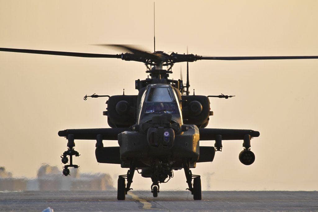 A U.S. Army AH-64 Apache attack helicopter. The helmet-mounted sights used by the Apche's crew are similar to what is used in the SEe-Through Armor technology from Elbit Systems. (U.S. Air Force photo)
