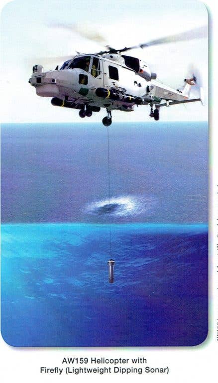 An artist's impression of a helicopter using L3 Ocean Systems's Firefly dipping sonar. (Scanned and cropped from L3 handout)