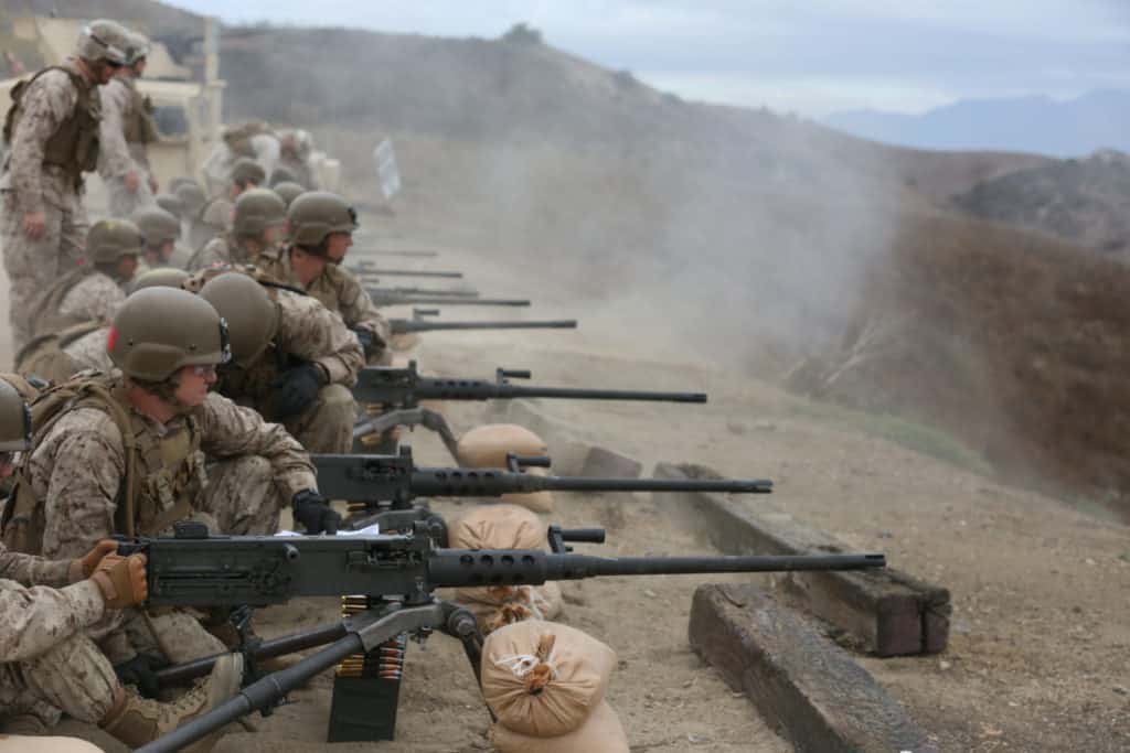 Marines with Company A, Infantry Training Battalion, School of Infantry-West (SOI-West), fire the M2A1 .50 caliber heavy machine gun as part of their basic infantry training Sept. 20, 2016, at Marine Corps Base Camp Pendleton, Calif. (Offical Marine Corps photo by Lance Cpl. Joseph A. Prado/released)