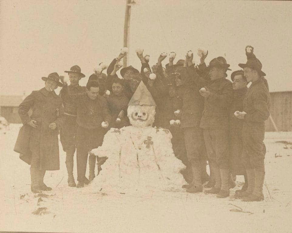 Troops at Camp Upton on Long Island, New York, pose with their snowman of the kaiser. (Photo: National Archives and Records Administration)