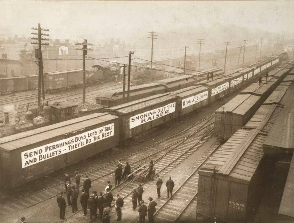 A thirty-car train carrying 11 million sacks of tobacco leaves Durham, North Carolina, en route to France where it will be rationed to troops. (Photo: National Archives and Records Administration)