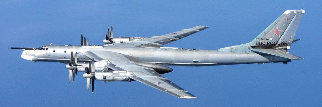 A Russian Tu-95 Bear 'H' photographed from a RAF Typhoon Quick Reaction Alert aircraft (QRA) with 6 Squadron from RAF Leuchars in Scotland. (Photo by Ministry of Defense)
