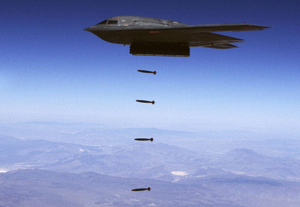 HILL AIR FORCE BASE, Utah -- A B-2 Spirit drops 32 inert Joint Direct Attack Munitions Aug. 27 at the Utah Testing and Training Range here.