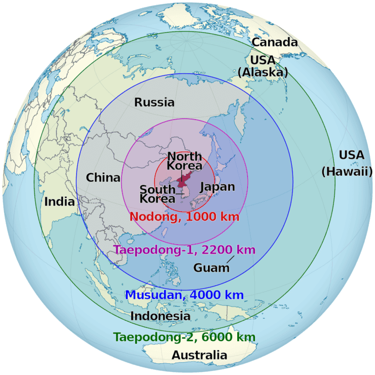 Map showing the ranges some North Korean ballistic missiles can reach. (Graphic from Wikimedia Commons)