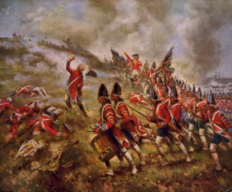 Maybe if the Brits had issued sunglasses, things could have been different. (Painting: The Battle of Bunker's Hill by E. Percy Morgan)