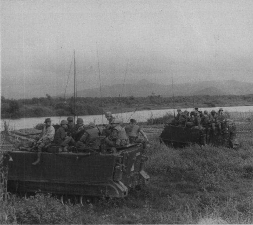 Marines on sweep with ARVNs on amphibious personnel carriers about 7 miles southwest of Danang on Jan. 8, 1970. (Photo: U.S. Marine Corps Cpl. R.D. Bell)