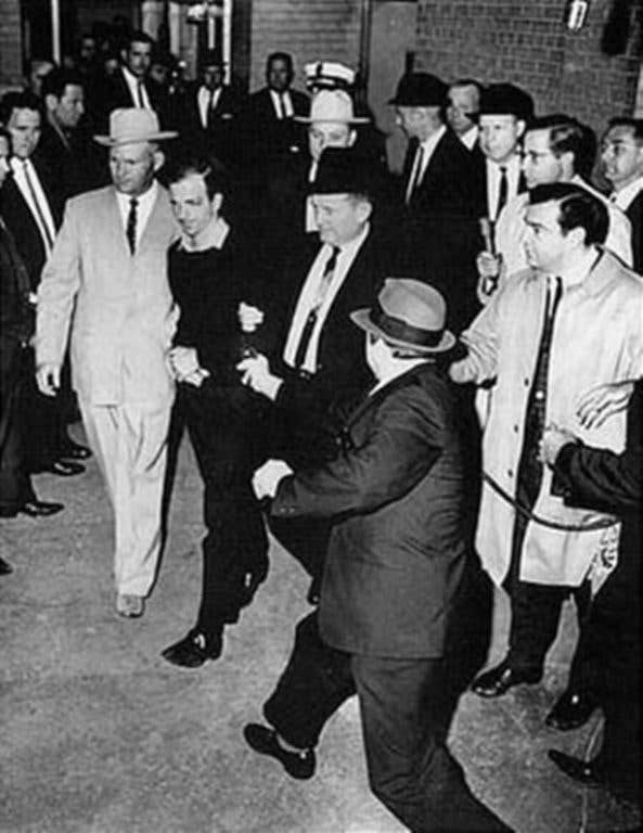 The moment before Jack Ruby shot Lee Harvey Oswald, who assassinated JFK