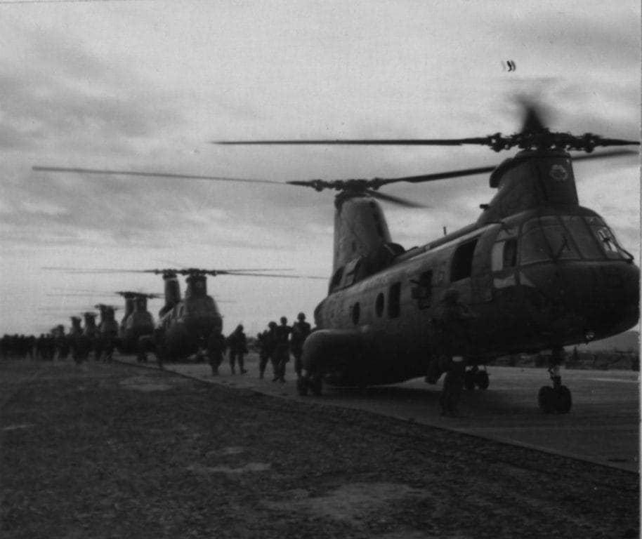 Army of the Republic of Vietnam Rangers board CH-46D helicopters from Marine Medium Helicopter Squadron 263. The ARVN Rangers spearheaded a multi-battalion Allied helicopter assault. Operation Durham Peak got underway as the first rays of sunlight glinted from the whirling rotor blades. (Photo: U.S. Marine Corps Gunnery Sgt. Bob Jordan)