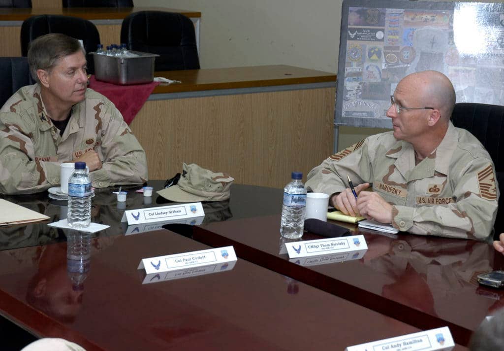 Col. Lindsey Graham, a Senior Senator from South Carolina, chats with Command Chief Master Sgt. Thomas Narofsky, 386th Air Expeditionary Wing Command Chief, during a briefing int the wing conference room April 9, 2007. (U.S. Air Force photo/Staff Sgt. Ian Carrier)
