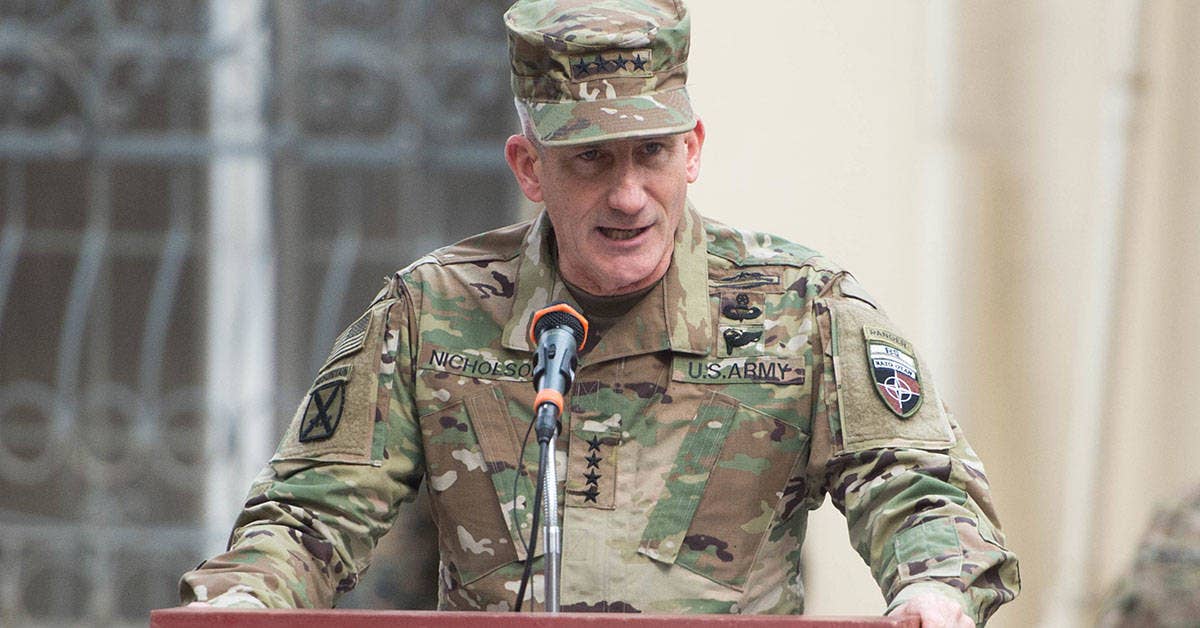 Operation Resolute Support Commander, Gen. John W. Nicholson Jr., addresses the audience during the change of command ceremony in Kabul, Afghanistan, March 2, 2016.